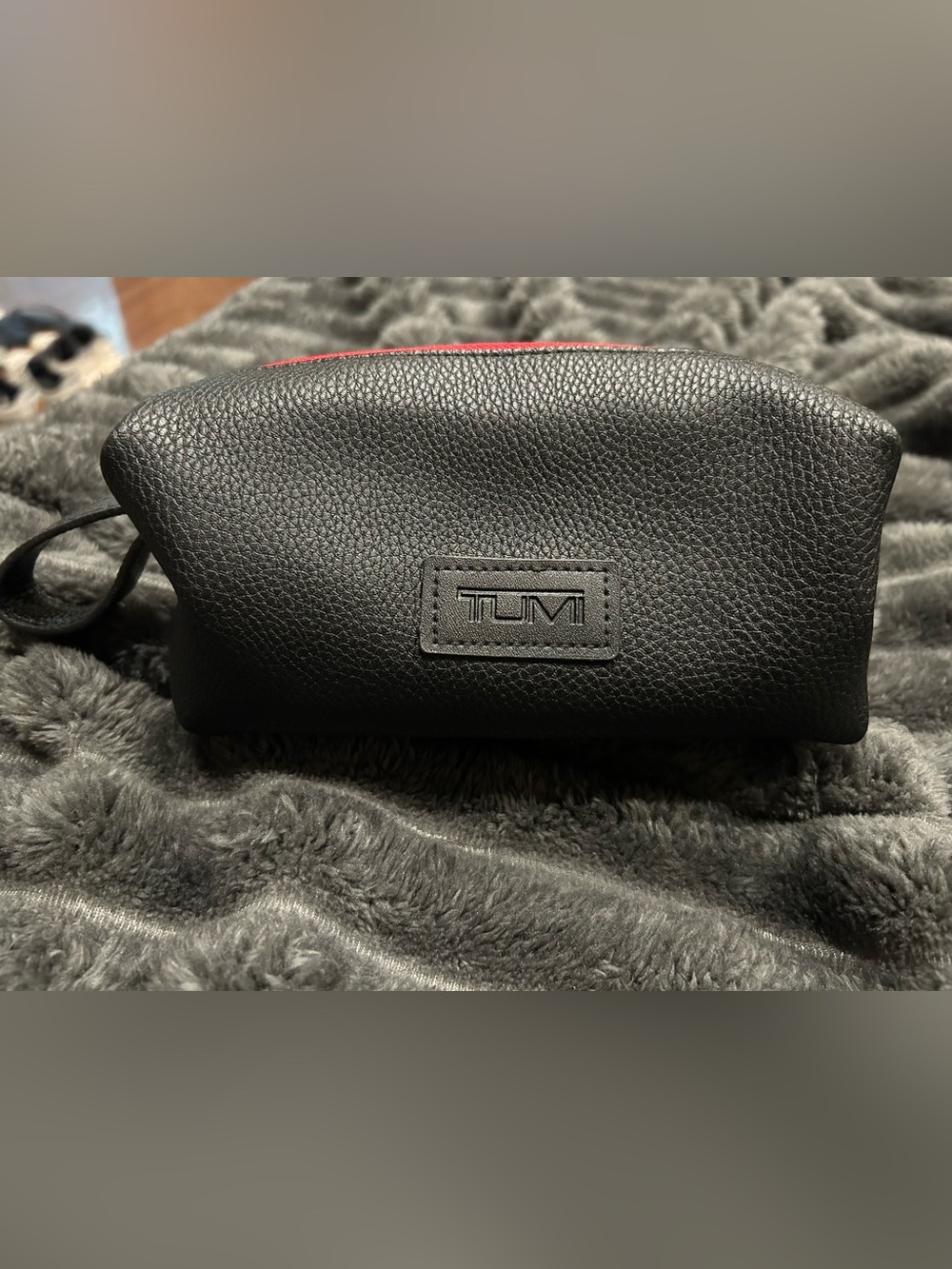 Tumi Black Leather Travel Dopp Kit with Red Accent